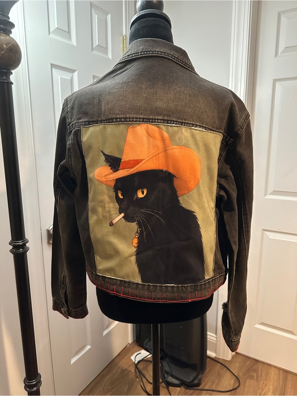 Source Unknown Black Jean Jacket with Orange Hat Cat Graphic